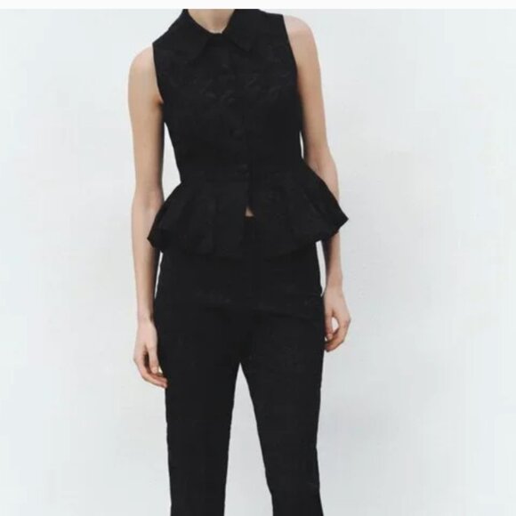 Zara Jacquard Brocade Sleeveless Black Peplum Top size Small. NWT!! - Picture 2 of 6